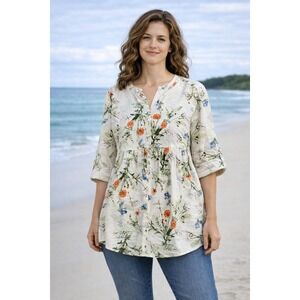 Jones New York Linen Blend Floral Boho Babydoll Peplum Tunic Plus Size 1X NWT